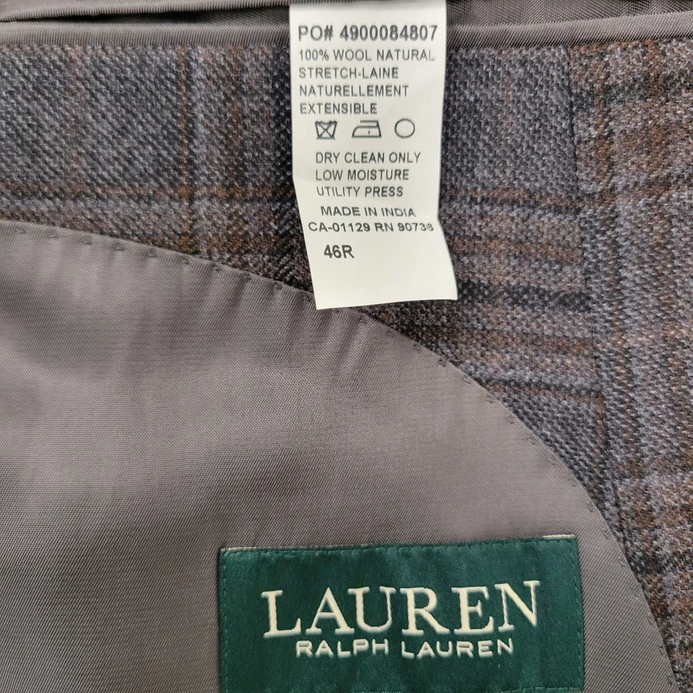 Lauren Ralph Lauren Men's 46R Blue Brown Plaid 100% Wool Natural Stretch Blazer